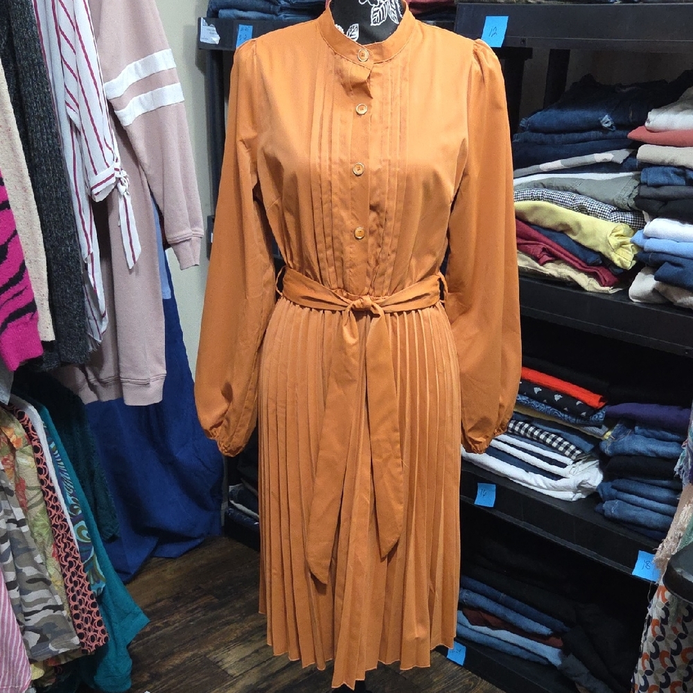 SHEIN Orange Long Sleeve Pleated Dress